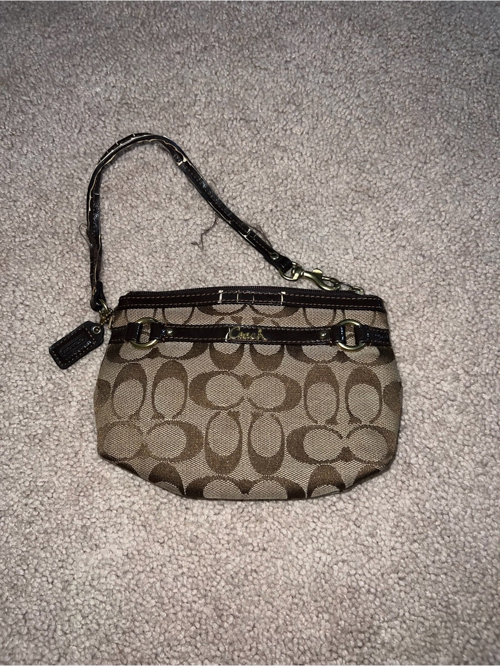 Coach Brown Tan Signature Canvas Wristlet with Dark Brown Trim